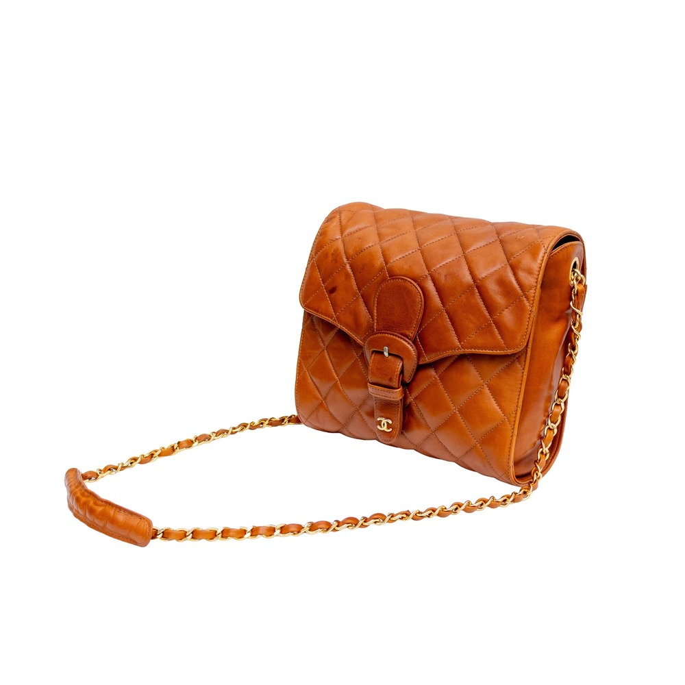Vntg 80's CHANEL 0-Series Quilted Brown Lambskin Buckle Flap Chain Shoulder Bag